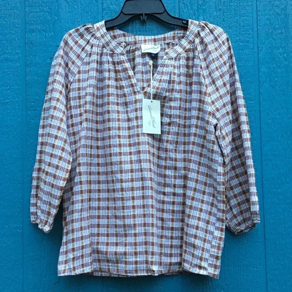 NWT Universal Threads Brown Plaid 3/4 Wide Sleeve Top Size Small - Picture 2 of 6
